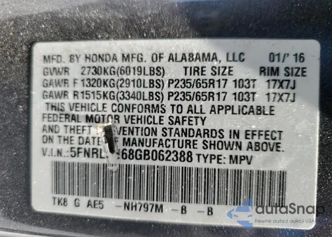 2016 Honda Odyssey Exl z USA, uszkodzony, nr VIN 5FNRL5H68GB062388